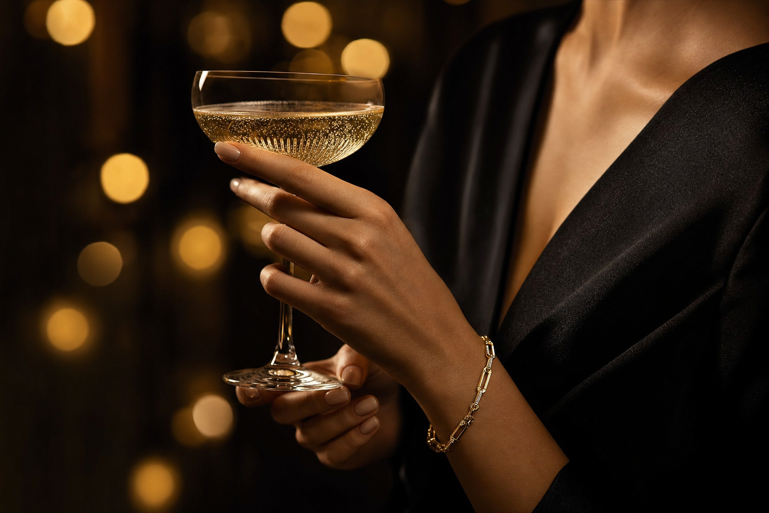 Elegante Hand hält Champagnerglas vor goldenem Bokeh-Licht